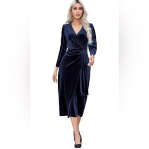 Blue Ruched Long Sleeve V-Neck Cocktail Gown